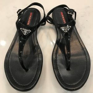 Prada Patent Leather Logo Thong Sandals- Black